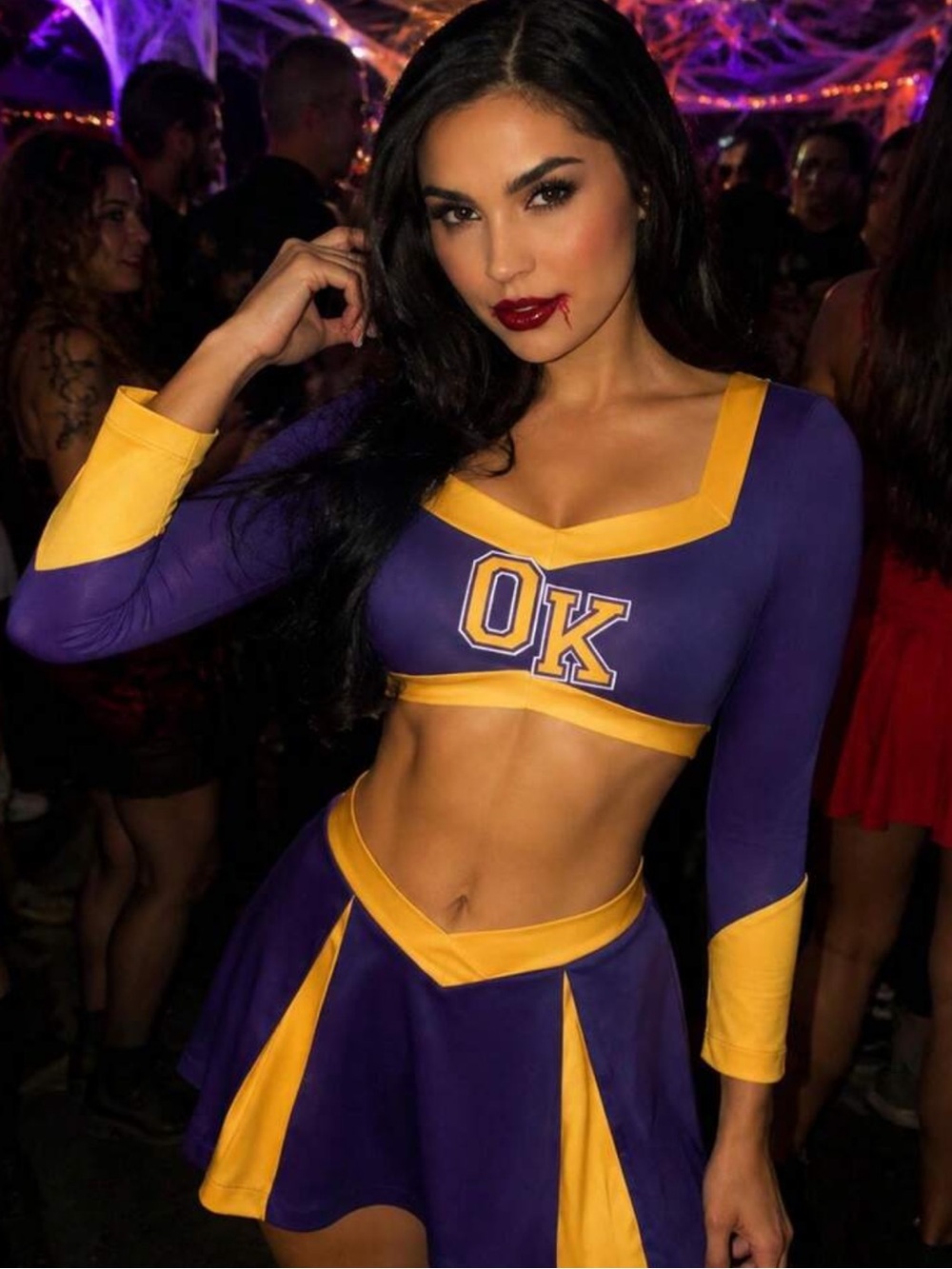 Sexy Women Halloween Cheer Cosplay Outfit, Purple Gold Contrast